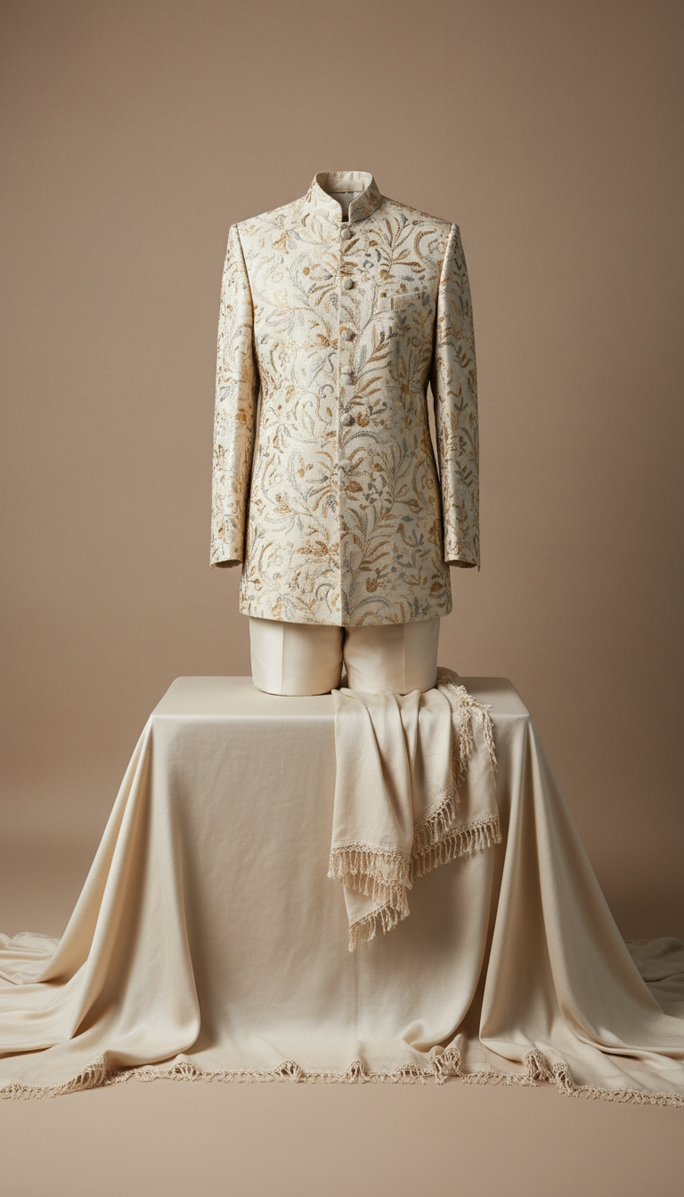 Ivory sand embroidered silk suit