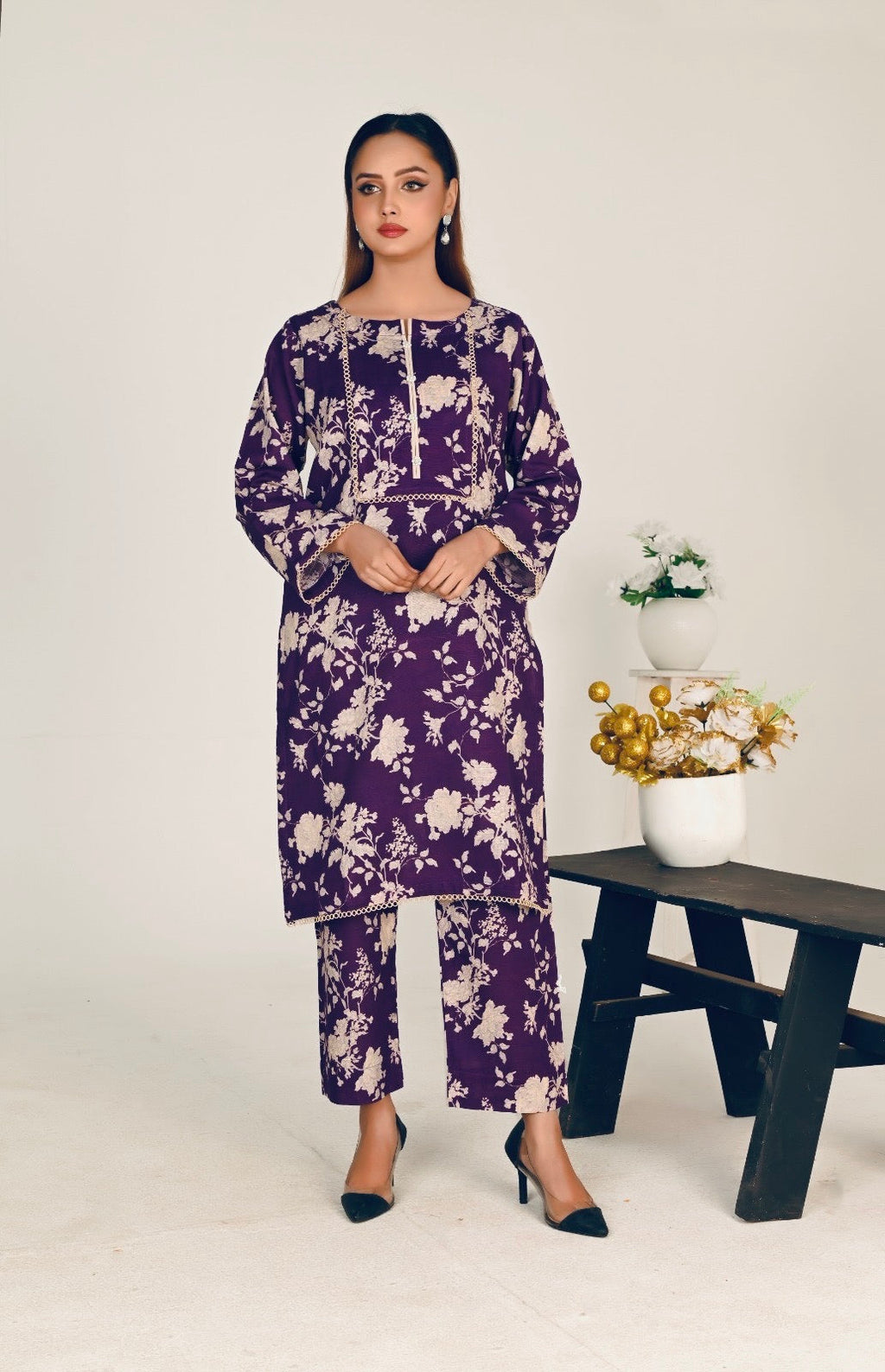 Jaan Collection Women's Printed Slub Khaddar 2-Piece Shirt and Trouser Set