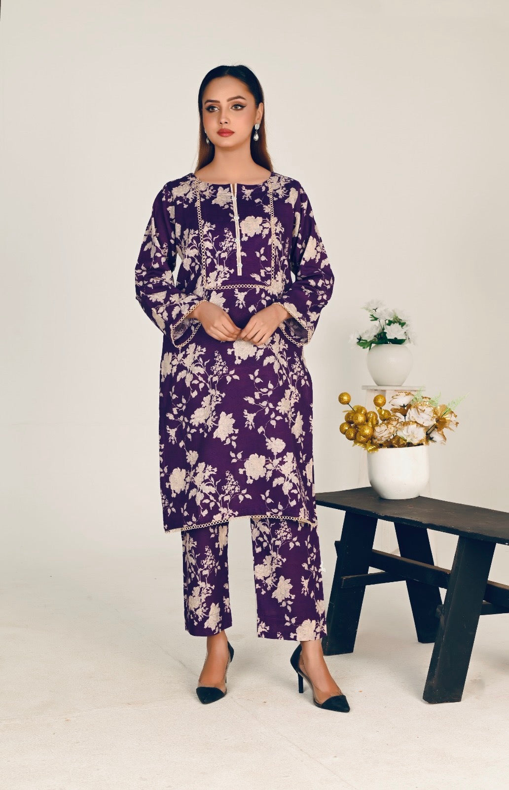 Jaan Collection Women's Printed Slub Khaddar 2-Piece Shirt and Trouser Set